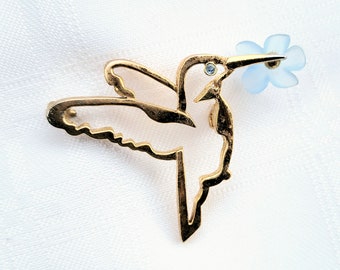 Vintage Hummingbird Sipping Nectar Brooch, Gold Tone Outline with Blue Flower