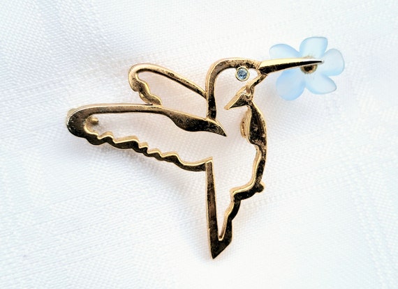 FINAL SALE Vintage Hummingbird Sipping Nectar Brooch, Gold Tone Outline with Blue Flower