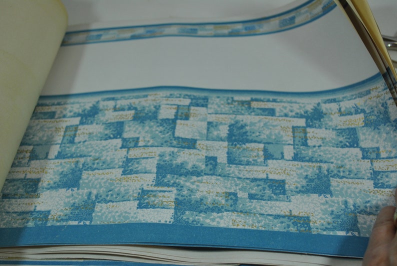 Blue White Gold Flecks in a Basketweave Pattern Large Lot of Vintage Wallpaper Border Style Antique Ephemera 1950s