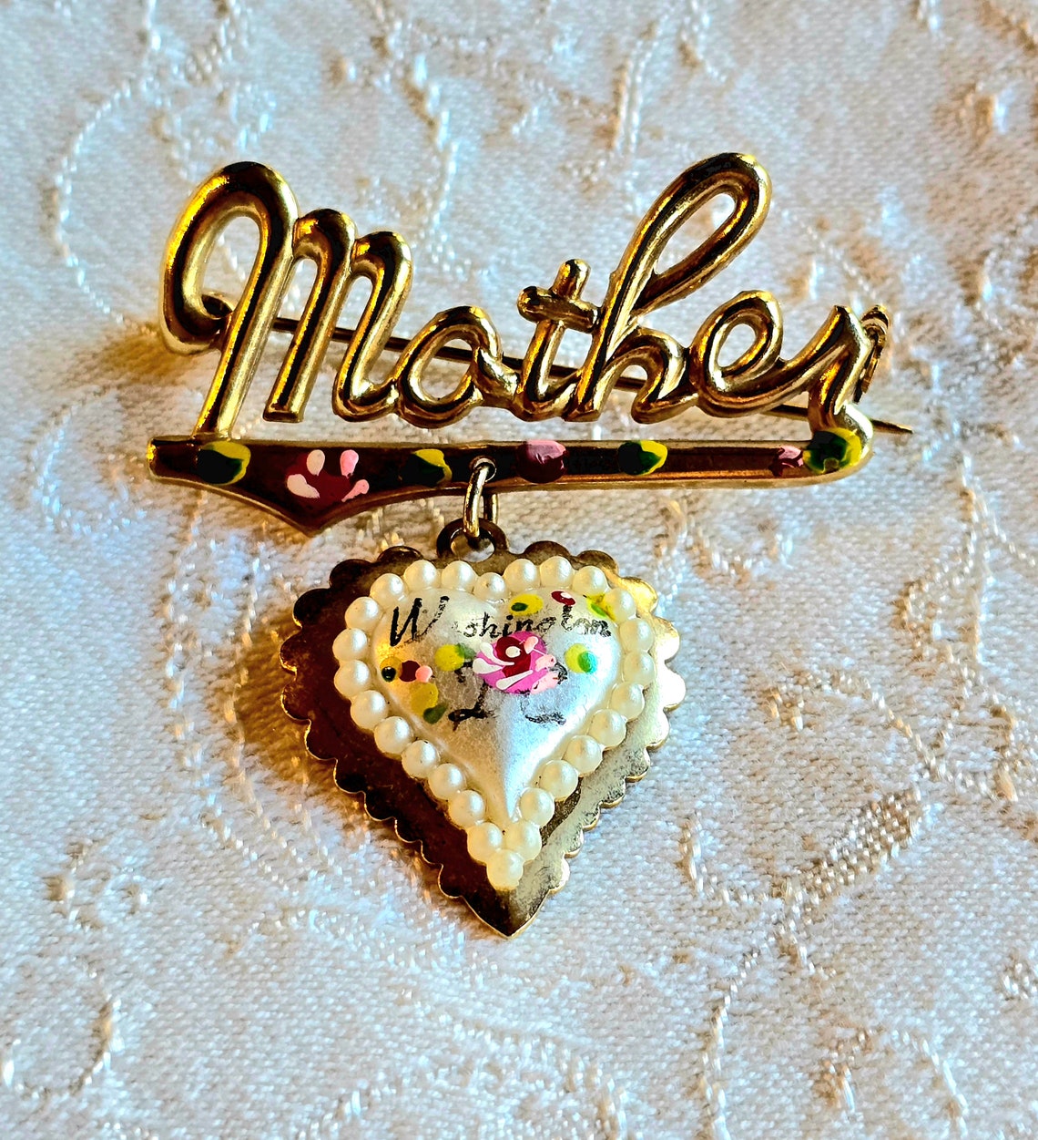 Mother In Cursive Mother Brooch, Carved Wire Cursive in Gold Tone With Heart Dangle, Hand ...