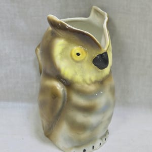 May include: A ceramic owl-shaped vase with brown, yellow, and white glaze. The owl has a black beak and yellow eyes.