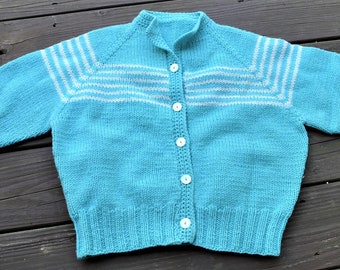 Hand Made Blue Cardigan Sweater with White Stripes and Buttons, Unisex Boys or Girls