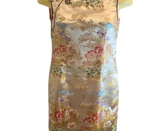 Vintage Pink Print Cheongsam Satin Dress/Huamei Fashion Sleeveless with Back Zipper/Size Small