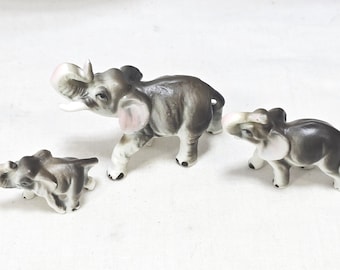 Three Vintage 1960s Crown Bone China Elephant Family Miniatures Japan in Original Box
