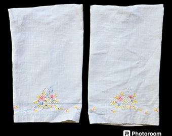 Pair of Linen Tea or Company Towels,  Vintage Flower Baskets, Pink and Blue with Yellow Accents,