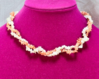 Designer Signed Avon 1987 Genuine Pink & White Coral Choker Necklace Statement Fashion Costume Jewelry , 2 strand Twisted