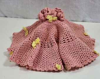 vintage Pink Crocheted Round Doily, Nœuds Jaunes,