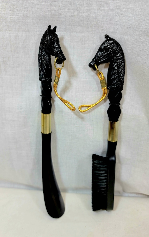 Vintage Horse Head Shoe Horn & Brush Set Hanging Black Japan