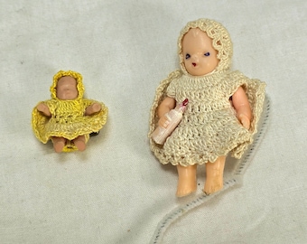 Vintage Miniature Pair of Baby Dolls with Crocheted Outfits