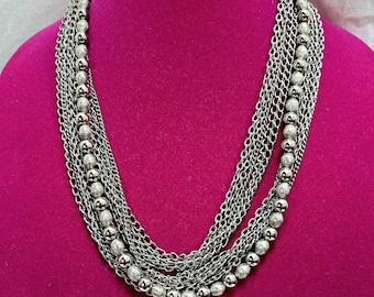 Vintage Marvella Multi-Strand Necklace: Silver Tone Chains & Beads