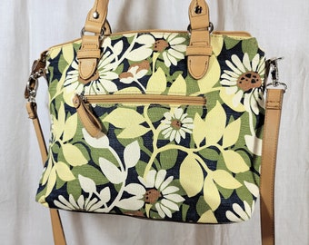 Relic Floral Purse, Blue Green and Yellow with Tan Faux Leather, Shoulder Straps and Top Handles, Convertible Bag