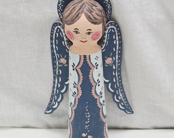 Vintage Wooden Folk Art Angel Figurine Features Shades of Blue Hand-painted Details and Rose Motifs