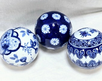 Lot of 3 Blue and White Chinoiserie Inspired Bowl Fillers. Decorator Rag Balls