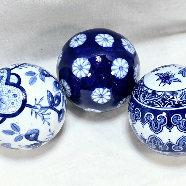 Lot of 3 Blue and White Chinoiserie Inspired Bowl Fillers. Decorator Rag Balls