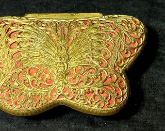 Vintage Silver Butterfly Jewelry Trinket Box With Red Velvet Lining