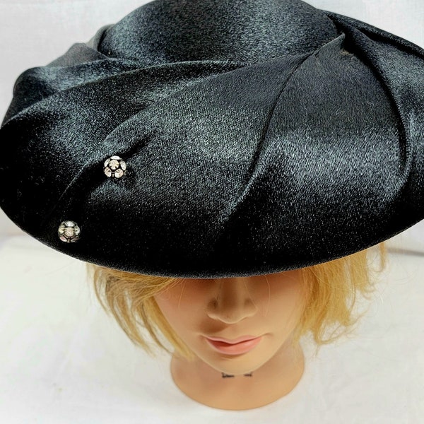 Vintage 1940s Black Cartwheel Hat, Black Satin with Jewelled Rhinestone Accents
