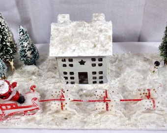 Mica Glitter Santa Table Top Scene - Sled, Reindeer, Cardboard House, Brush Trees, Snowman