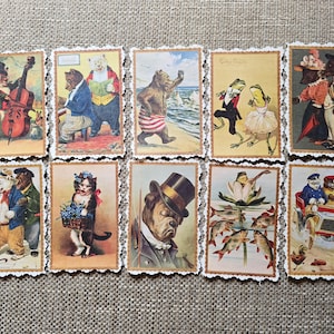 May include: A collection of ten vintage-style postcards featuring anthropomorphic animals in various scenes. The illustrations include bears, cats, frogs, and a bulldog, each dressed in clothing and engaged in activities like playing music or attending a party.