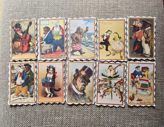 Antique Post Card Paper Color Reproductions with White Lacy Edges, Lot 0f 10, Subject Matter of Anthropomorphic Animals, Repurpose