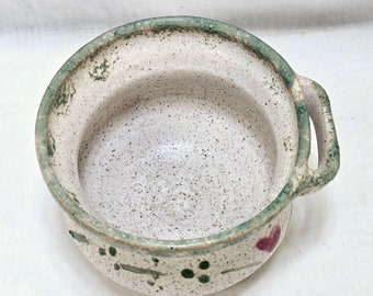 Vintage Studio Pottery Handled Pot Hand Thrown Speckled Gray Green Rim Heart Print, For Pate Spreads Preserves Condimants Cream Cheese Etc.