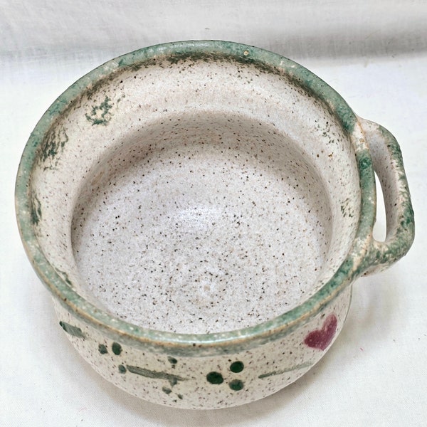 Vintage Studio Pottery Handled Pot Hand Thrown Speckled Gray Green Rim Heart Print, For Pate Spreads Preserves Condimants Cream Cheese Etc.