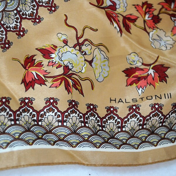 Vintage Halston III Scarf, Oblong Silk, Flower Print in Dark Red, Brown and White on a Taupe Background Taupe