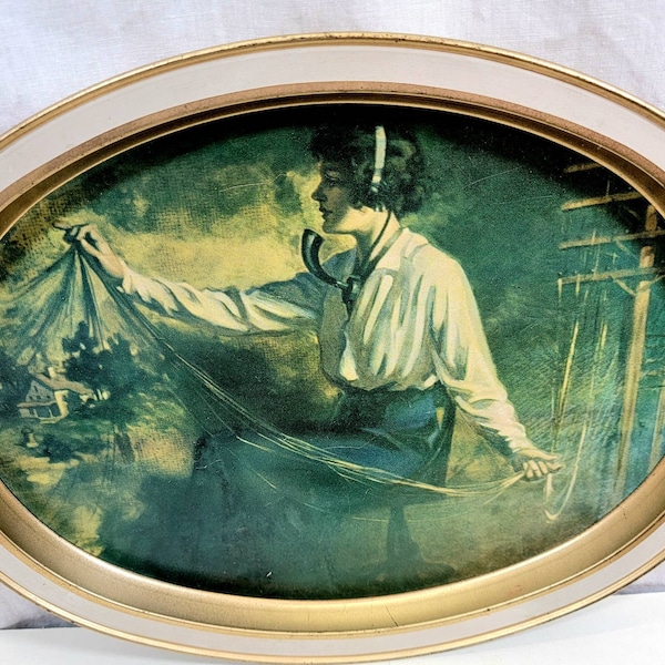 Vintage Limited Edition “Weavers of Speech" Oval Metal Tin Serving Tray, Bell System Ad, AT&T Co.,