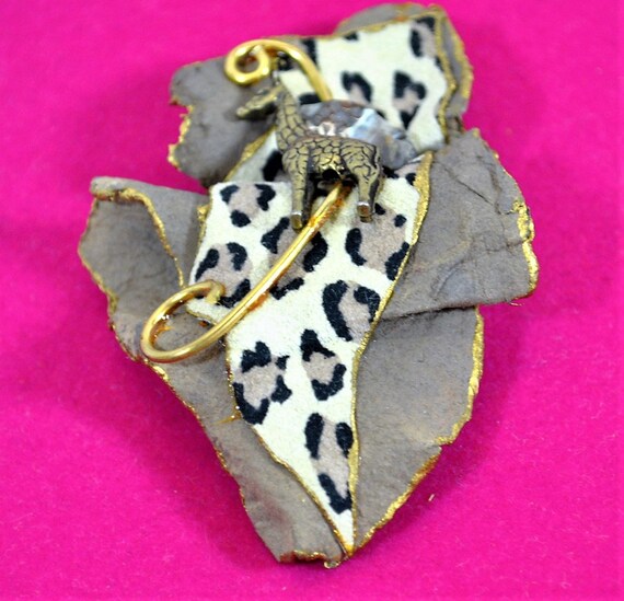 Handcrafted Animal Print Leather Fur Brooch and E… - image 2