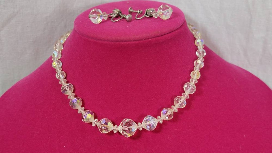 Vintage Aurora Borealis AB Glass Crystal One Strand Necklace With