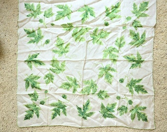 Scarf Green Leaves on White, Silk and Rayon 6-1/4 Momme