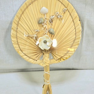 Vintage Woven Fan, Fixed Bamboo and Palm Leaves with Seashells Under Plastic