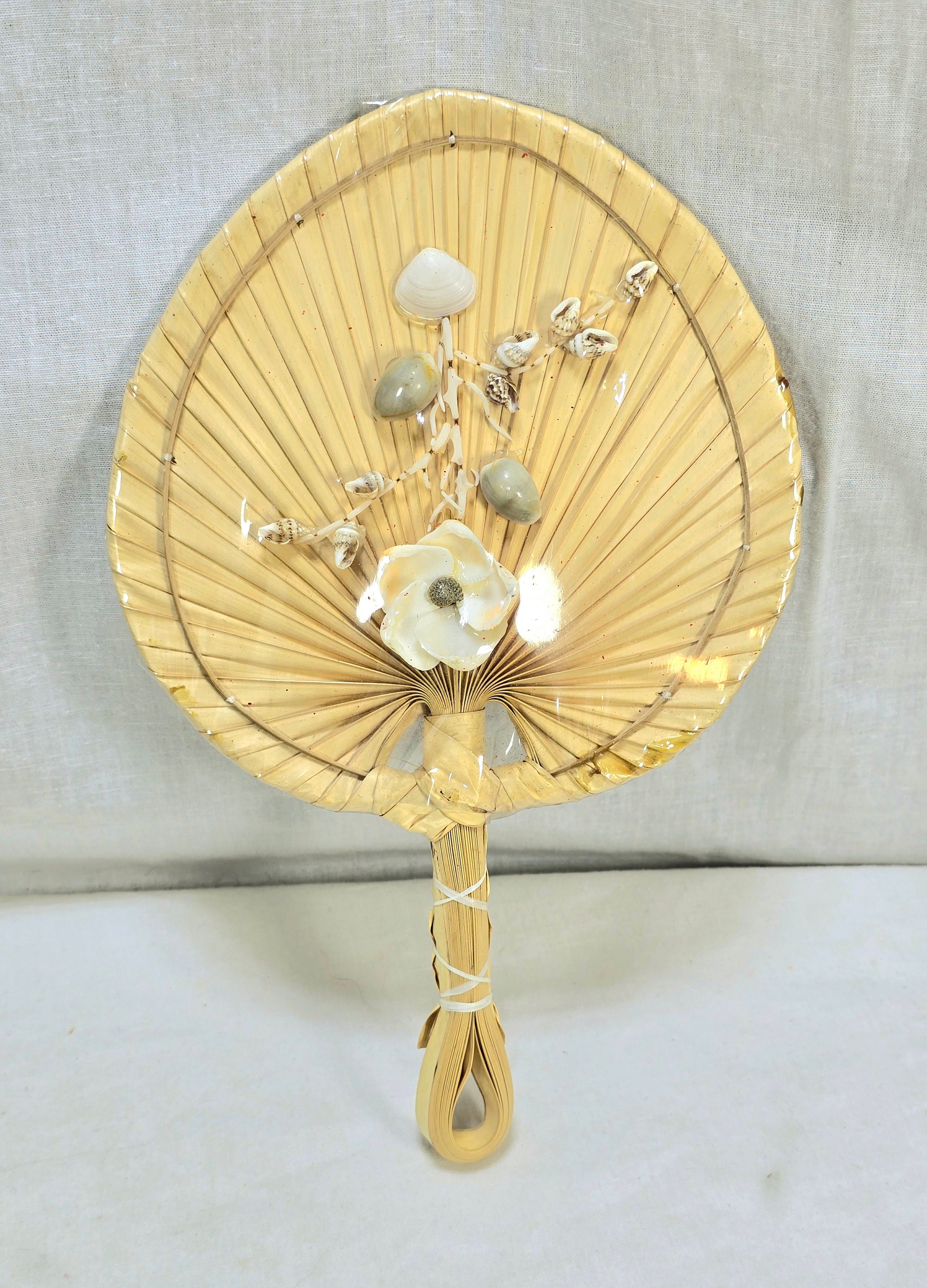 Fan Sea Shells Vintage Woven Fan, Fixed Bamboo and Palm Leaves With Seashells Under ...