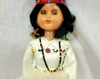 Vintage Native American Indian Doll with Twin Babies, Beaded Outfit with Fur