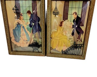 Vintage Mid Century Victorian Couple Silhouette Pictures Convex Glass Pair in Wooden Frames