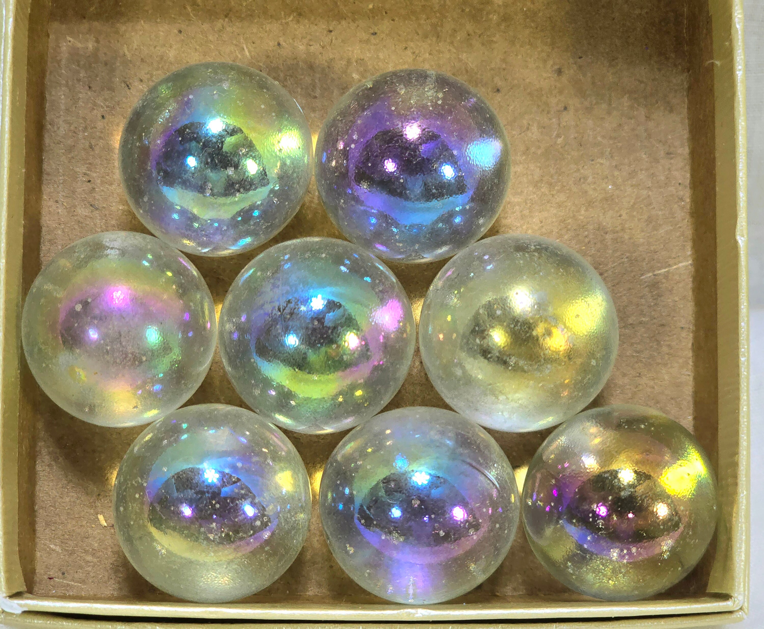 Eight 24mm Vintage MARBLES Iridescent Clear, Shades of Pink Yellow