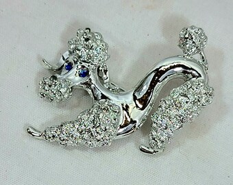Vintage Silver Tone Poodle Brooch, Gerry's Pin with Blue Rhinestone Eyes