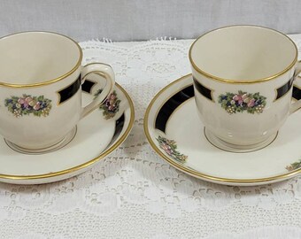 Pair of 2 Ivory Lamberton Scammell Floral Designed Porcelain 3 oz. Demitasse Cup and Saucer, Gold Trim, USA