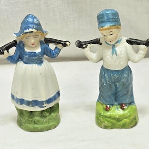 Boy and Girl Pair of Bisque Figurines, with Yokes, Made in Japan, Mid Century