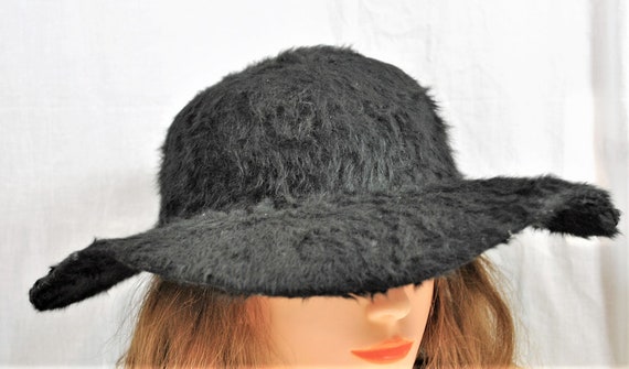 Vintage Angora Wool Fuzzy Fur Black Victorian Hat… - image 5