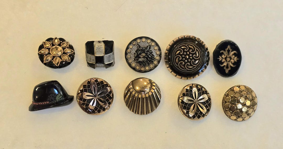 Vintage Black Jet Glass Buttons With Gold Embellishment - Lot of 10 - Etsy
