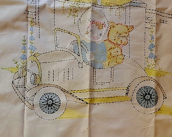 Baby Embroidered Coverlet, Girl Driving her Car with Her Puppy, Handmade Vintage Crib Cover, Quilt Top or Wall Hanging Vintage 1930-50's