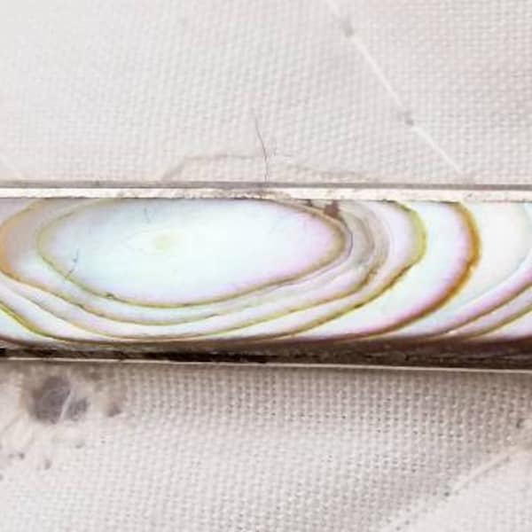 FINAL SALE Vintage Abalone Mother of Pearl Inlay Silver Bar Brooch, Rectangular Pin, C-Clasp