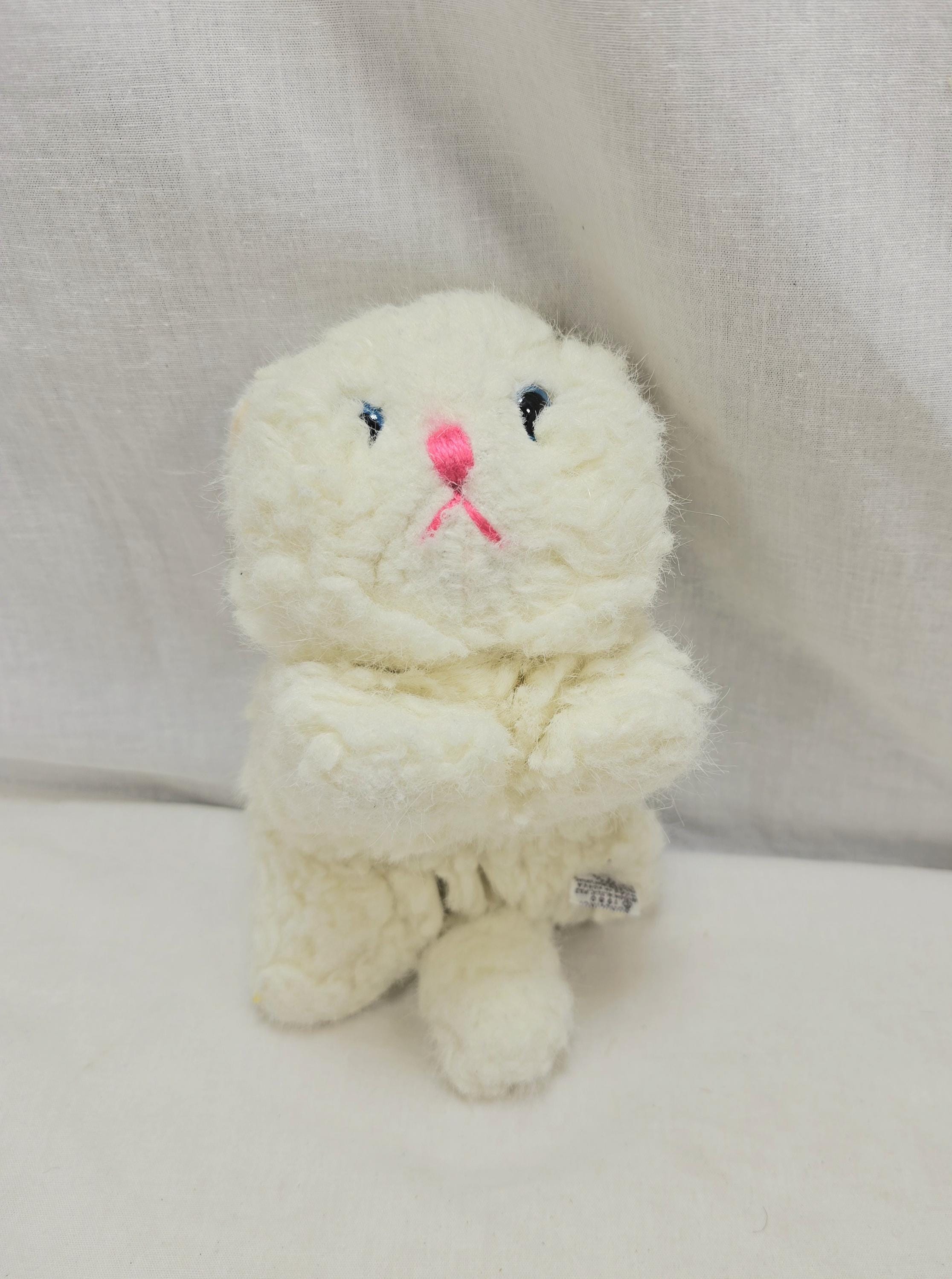 Vintage 1980 Gund White Fluffy Cat Plush Kitty Kitten,  Bell Rattle Tail Stuffed Plushie