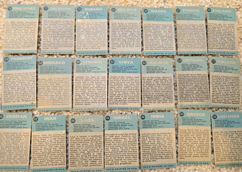 Op de afbeelding: Een verzameling van 16 vintage verzamelkaarten met informatie over verschillende landen over de hele wereld. Elke kaart heeft een blauwe achtergrond met witte tekst en een nummer in de linkerbovenhoek. De kaarten zijn gerangschikt in vier rijen van vier.