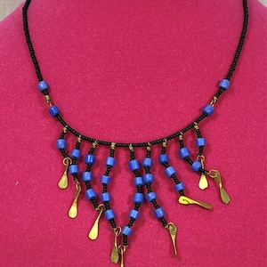 Vintage 80s Beaded Dangle Necklace: Black, Blue & Gold Bib Choker