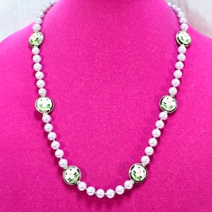 Vintage Cloisonne Iris Enamel and Faux Pearl Bead Necklace