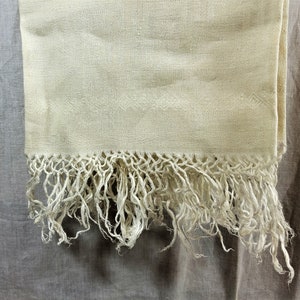 Vintage Damask Linen Towel - Creamy White with Fringe - White on White Pattern with Decorative Border - Antique Linen