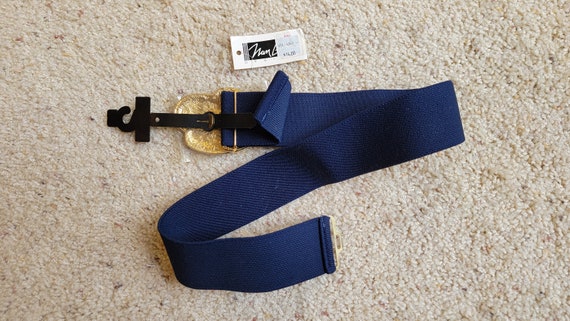 Vintage Nan Lewis Navy Blue Stretch Belt With Enamel Buckle  display picture 1