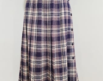 Timed Rite Ann Stevens Side Button Pleated Wool Midi Skirt,  Maroon Beige and Navy Blue Plaid, NWT, Size 12?