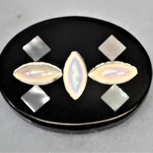 FINAL SALE Oval Brooch, Iridescent Inlay, Geometric Design, Black Resin, Vintage Pin